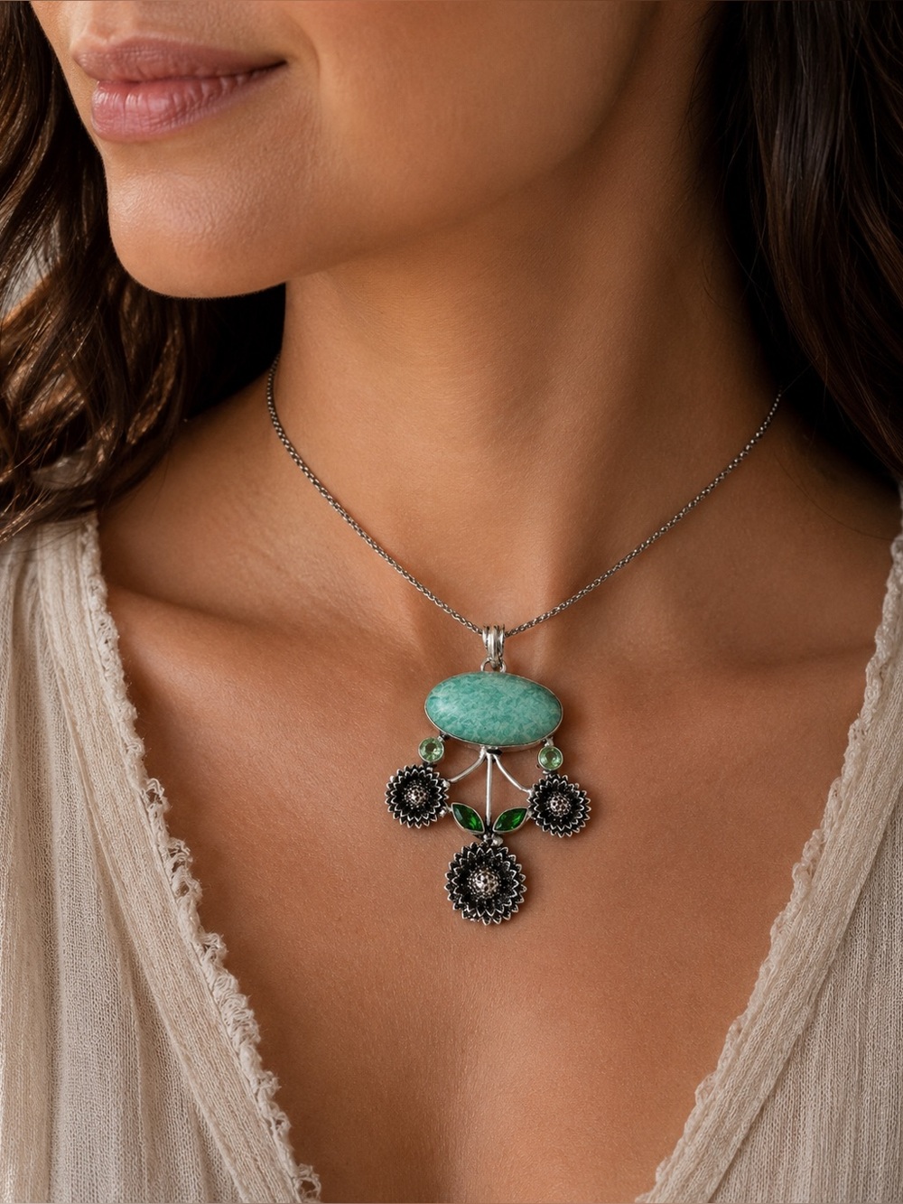 Handmade Amazonite & Peridot 925 Sterling Floral Pendant Statement Jewelry